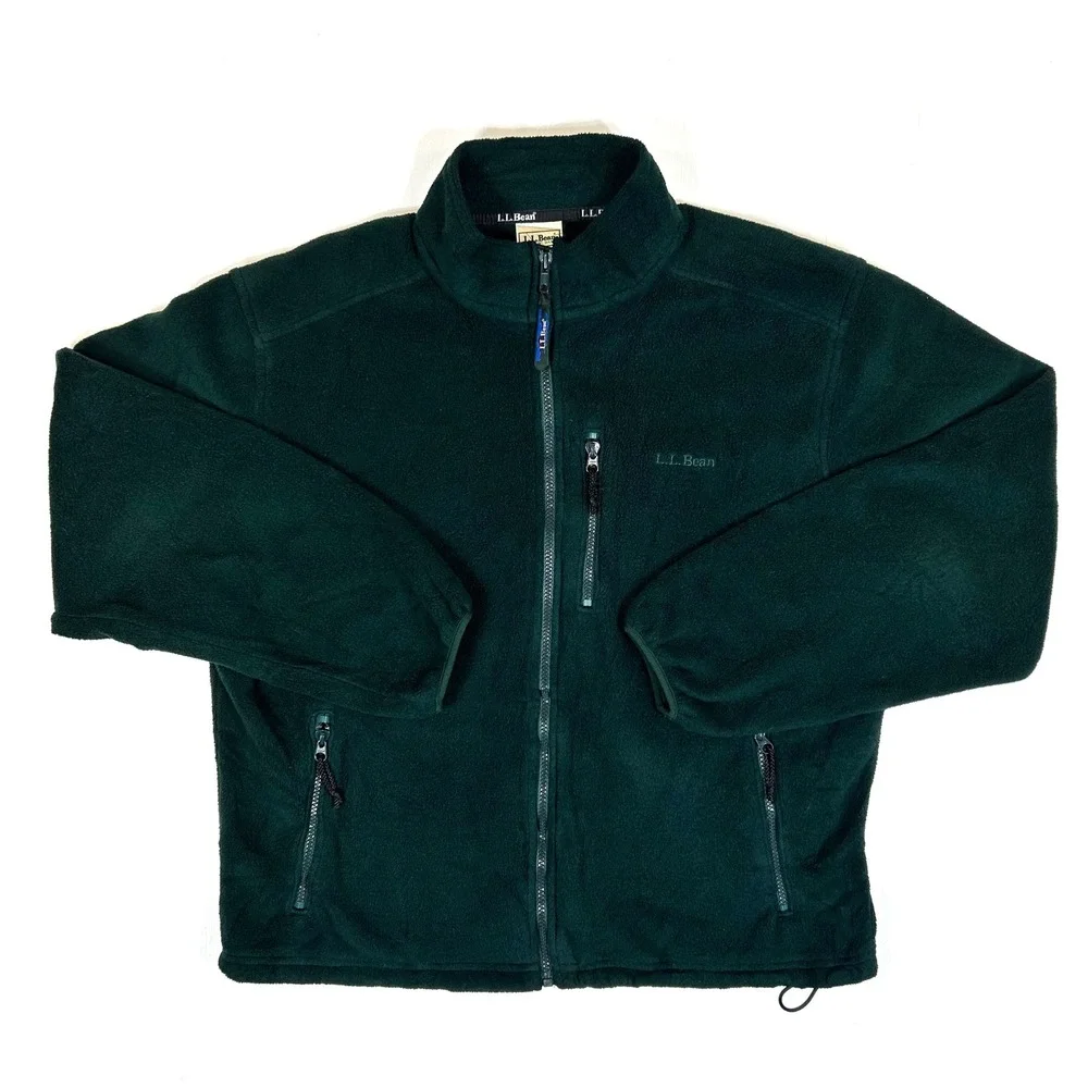 LL Bean Mens Full Zip Fleece Jacket Forest Green Mock Neck Pocket 1744